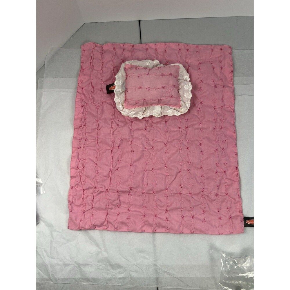 Melissa & Doug Doll Pink Eyelet Bed Blanket And pillow Set EUC